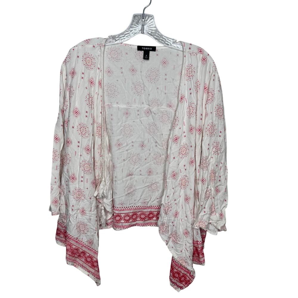 Torrid Women’s 3 Boho Kimono Cardigan Red White‎ Tassel Open Front Plus 3X